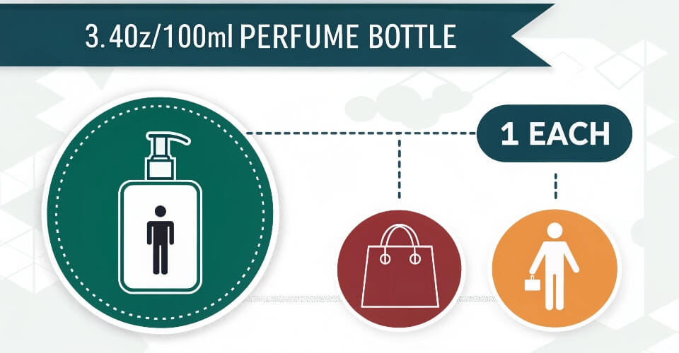 A clear infographic visually breaking down the 3-1-1 rule: a bottle icon labeled '3.4oz/100ml', a clear bag icon, and a person icon labeled '1 each'.