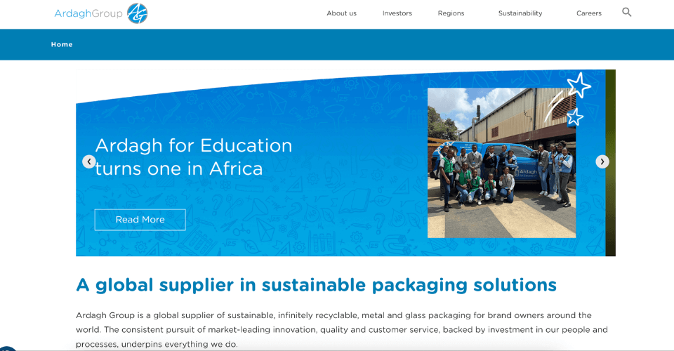 A screenshot of the Ardagh Group website banner, highlighting their sustainable and innovative glass packaging solutions.