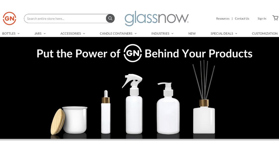 The banner for Glassnow, a supplier of glass candle containers.