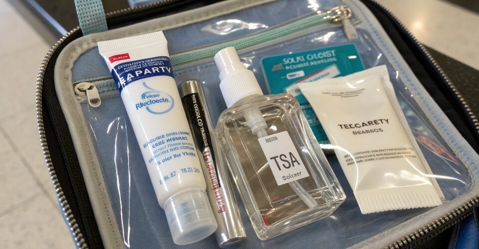 A transparent, sealed TSA-approved liquids bag containing a 100ml perfume bottle, a small toothpaste, and other toiletries, ready for security.