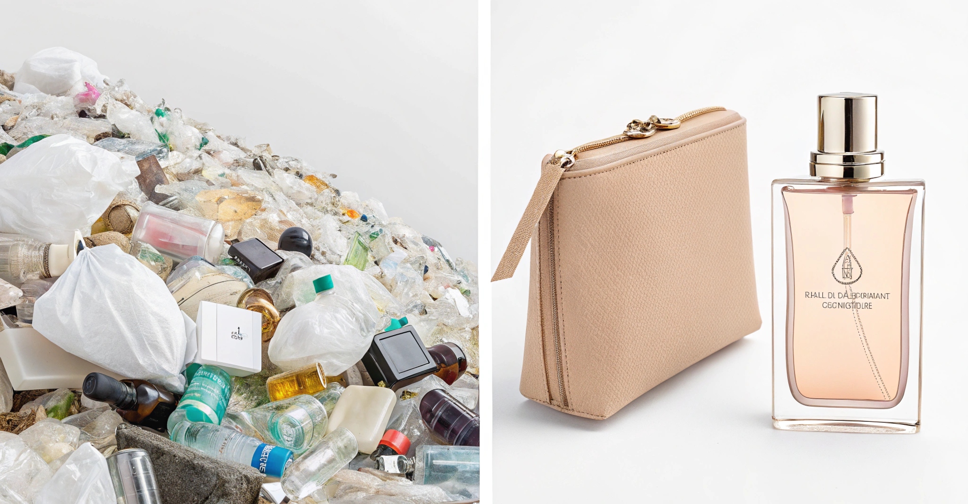 A visual comparison showing a pile of discarded single-use perfume bottles on one side and a single, elegant refillable bottle and its refill pouch on the other.