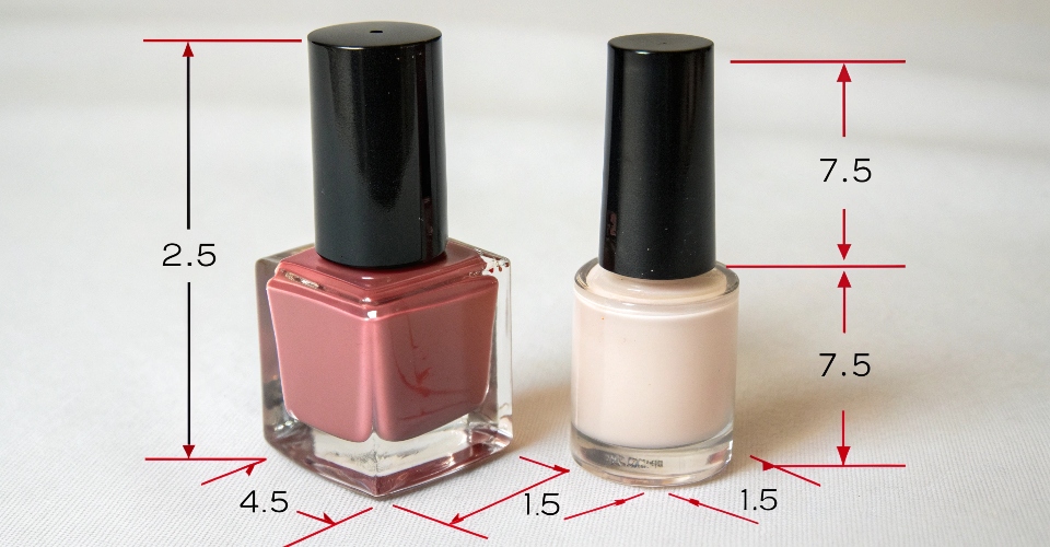 Two different nail polish bottle shapes, one square and one round, with dimension lines indicating their height and width.