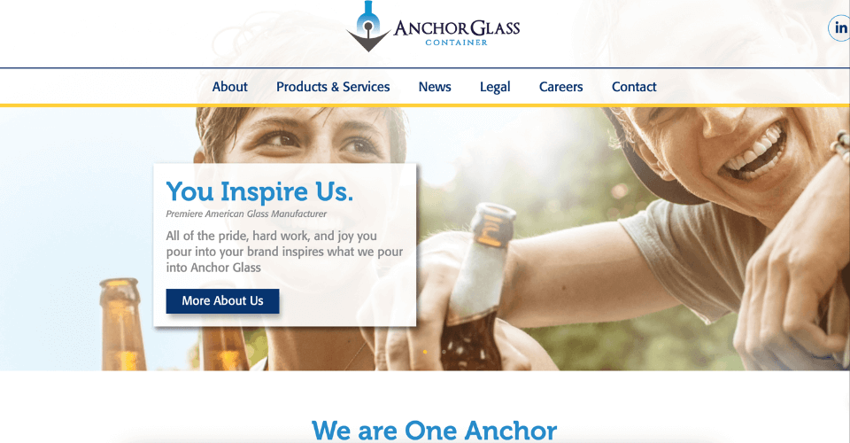 A screenshot of the Anchor Glass website banner, emphasizing their focus on American-made glass manufacturing.