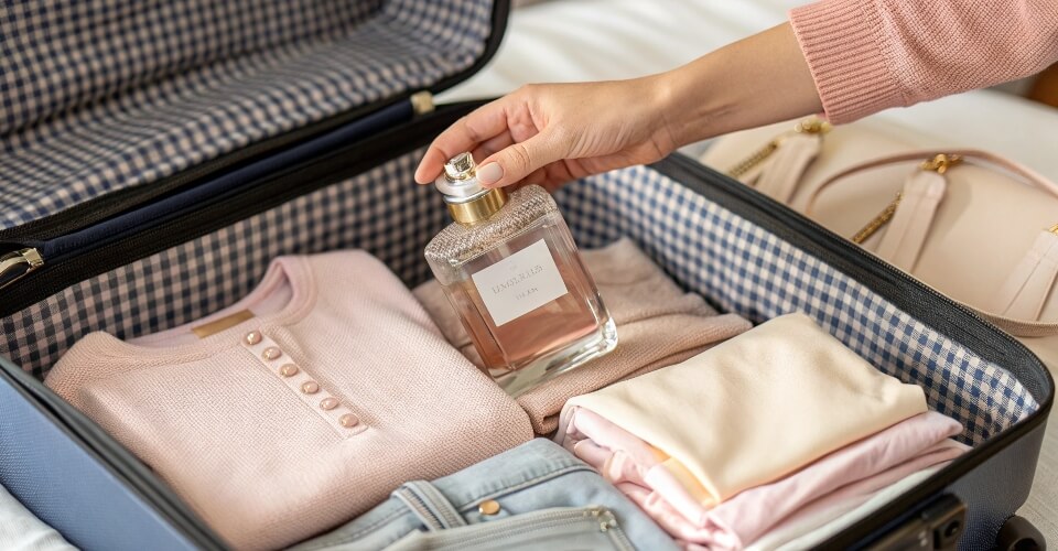 A hand carefully placing a large 150ml perfume bottle into the center of a checked suitcase, surrounded by soft clothing.