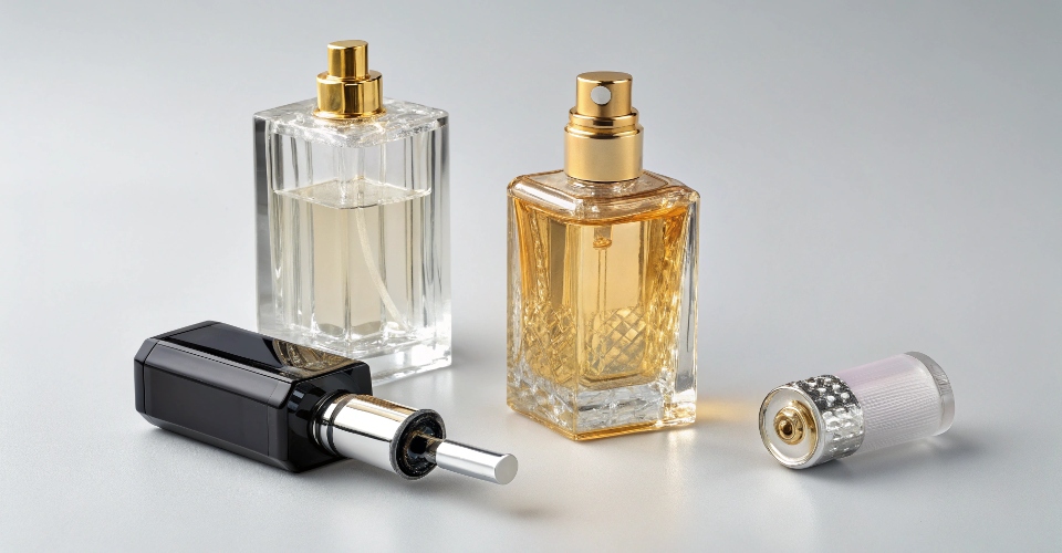 A clean infographic showing 3D models of the three main perfume refill systems: Classic Screw-Neck, Direct-to-Valve, and Drop-In Cartridge.