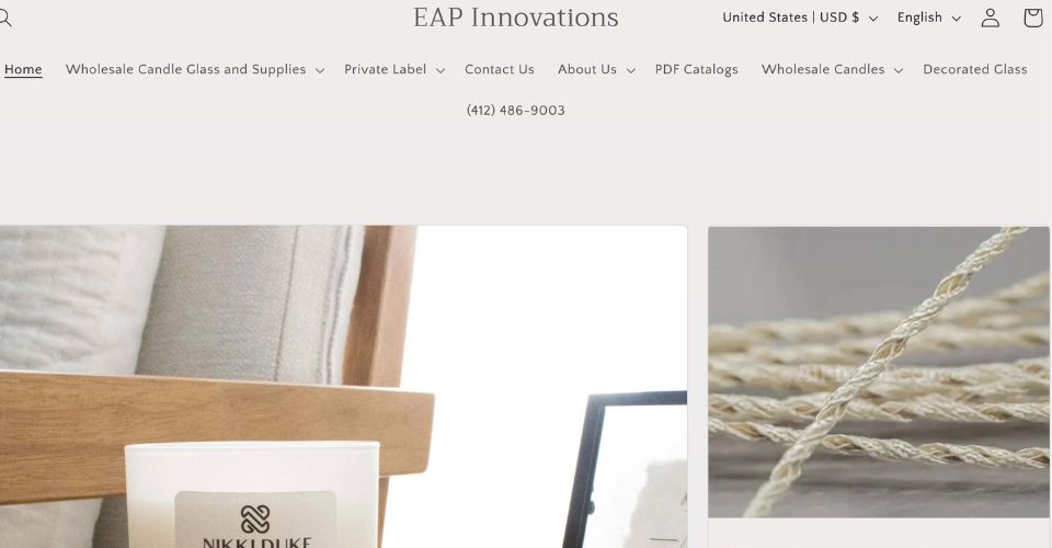 The banner for EAP Innovations, a wholesale supplier of glass candle jars.