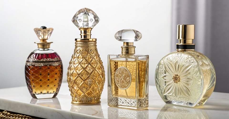 A stunning, professional gallery shot showcasing 4-5 of LOM Glassworks' most elegant stock bottles, demonstrating a variety of shapes and sizes against a clean background.