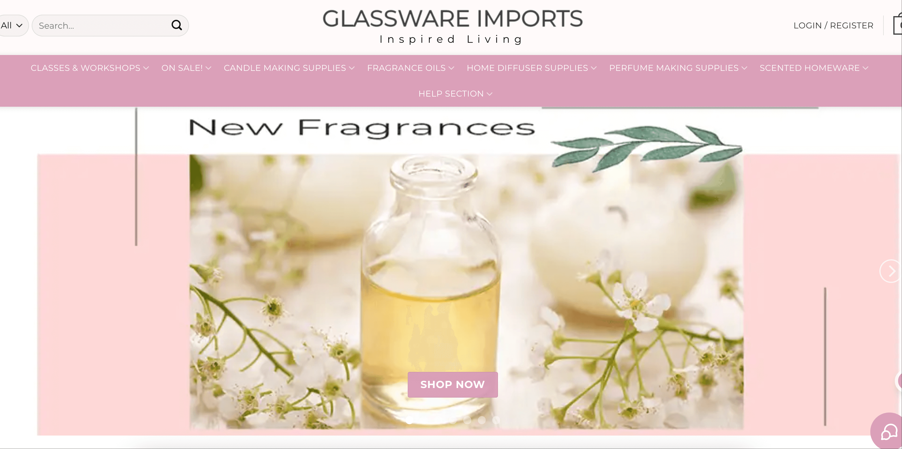 The website banner for Glassware Imports, displaying their unique and trendy candle glassware.