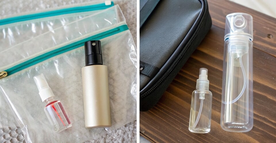 A collage of images showing packing tips: a bottle sealed with plastic wrap, a bottle in a ziplock bag, and a travel atomizer.