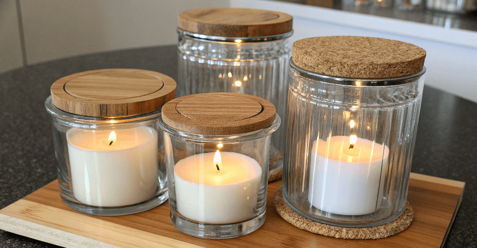 A collection of different candle jar lids, including wood, metal, and glass options, showing variety.