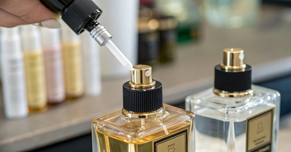 A close-up action shot of a refill bottle's nozzle connected directly to the valve of a perfume bottle, illustrating the spill-proof transfer.