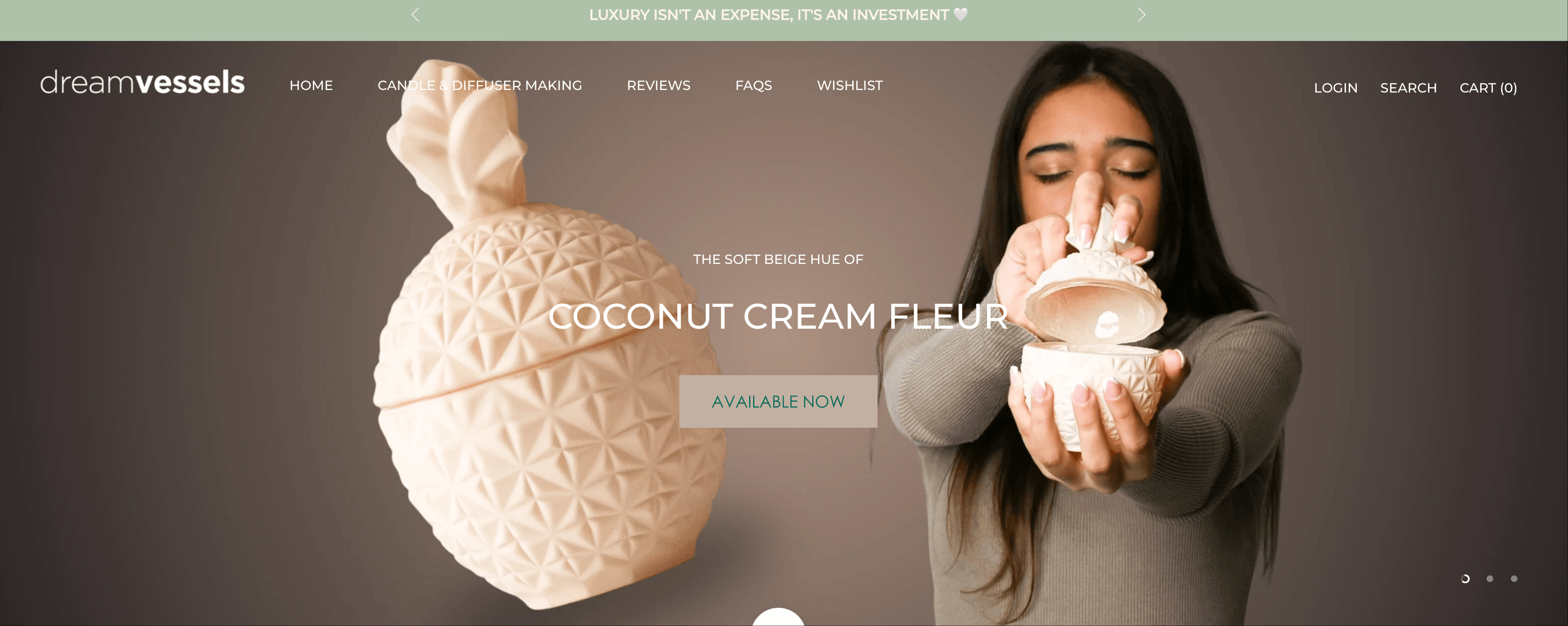The website banner for Dream Vessels, highlighting their designer collection of candle vessels.