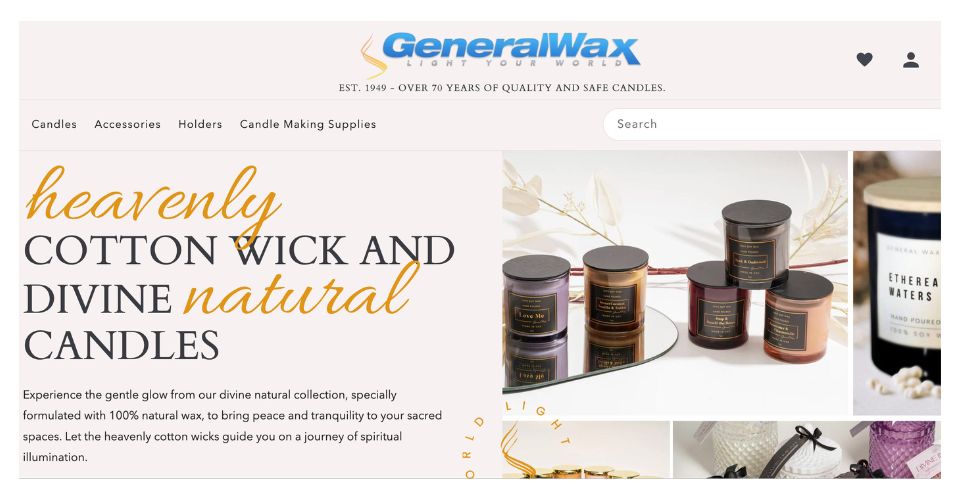 The banner for General Wax & Candle Company, a US candle supplier for over 70 years.