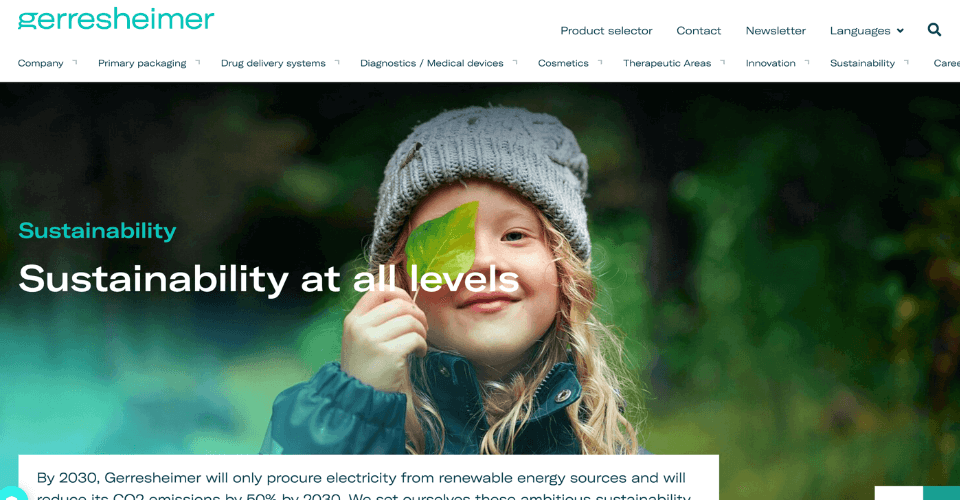 A screenshot of the Gerresheimer website banner, focusing on their precision glass products for the pharma and cosmetic industries.