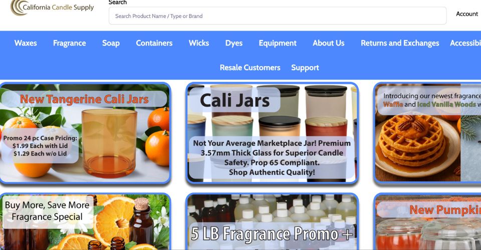 The banner for California Candle Supply.
