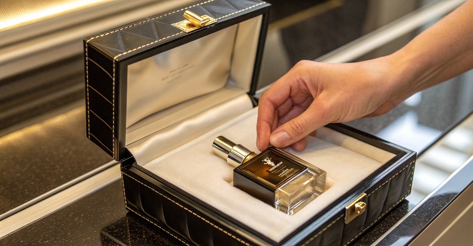A person's hand sliding a sleek, metallic fragrance cartridge into a luxurious, permanent outer perfume case.