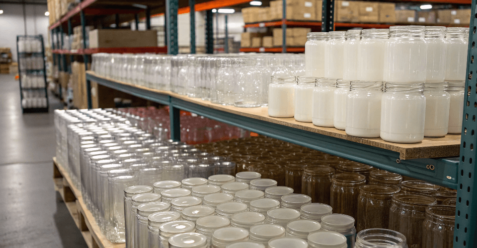 Shelves in a warehouse stocked with pallets of wholesale glass candle jars ready for shipment.