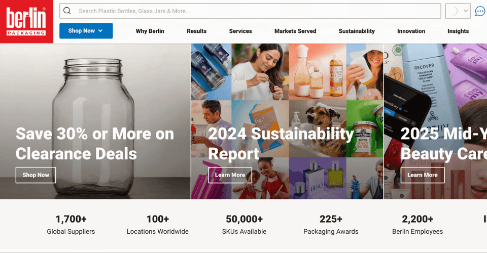 A screenshot of the Berlin Packaging website banner, illustrating their hybrid model of a packaging supplier and design agency.
