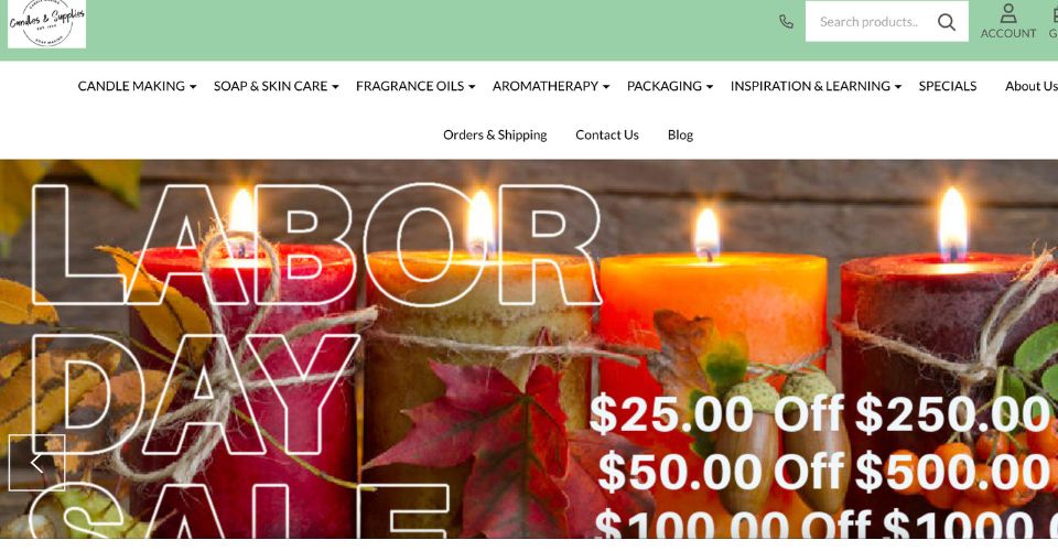 The banner for Candles and Supplies.com, a wholesale candle jar supplier in the USA.