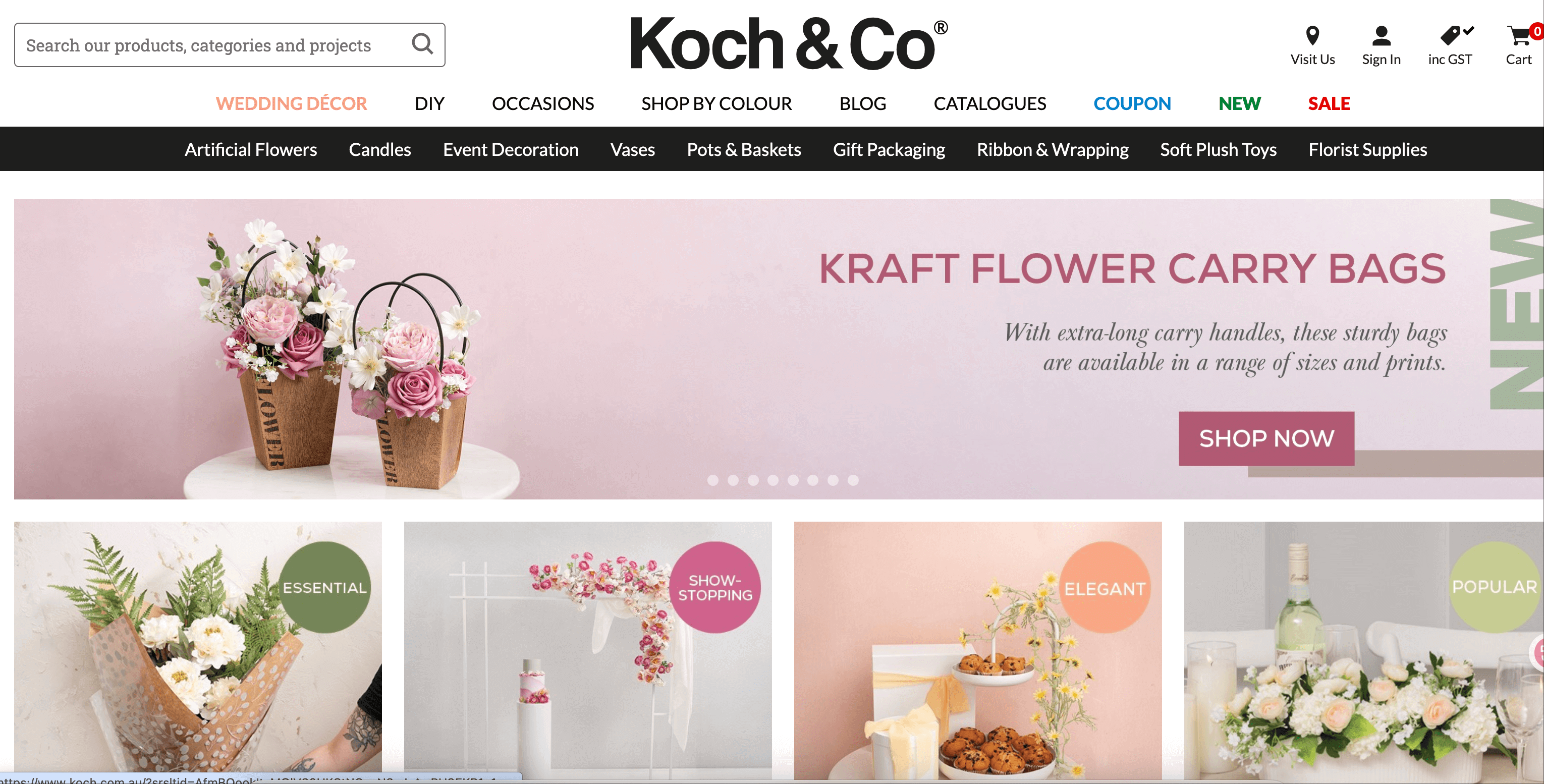 The website banner for Koch & Co, a long-established Australian wholesale supplier for florist and giftware industries.