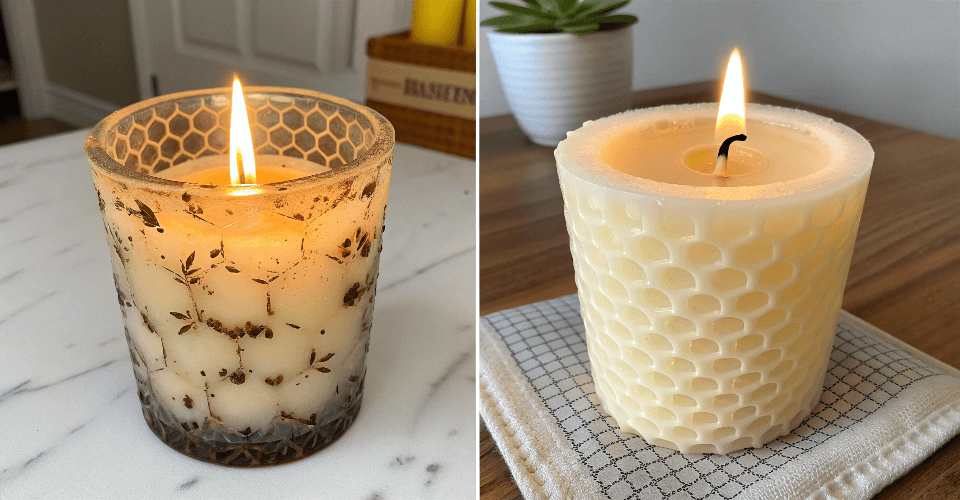 A comparison image showing a candle with bad tunneling versus a candle with a perfect, even melt pool.