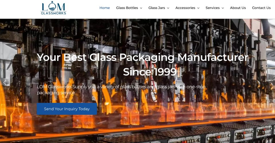 The official banner for LOM Glassworks, a global manufacturer of custom glass packaging for the US market.