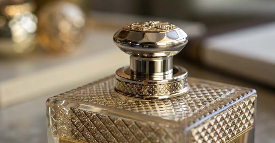 A macro photograph showing the intricate detail and polished finish of a heavy Zamac perfume cap, highlighting its premium quality.