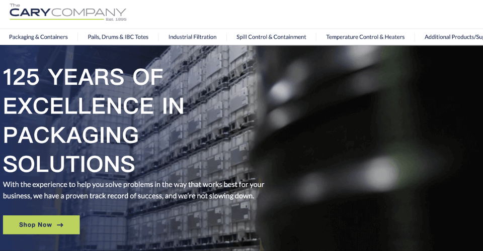 A screenshot of The Cary Company website banner, showing their wide selection of containers and industrial supplies.