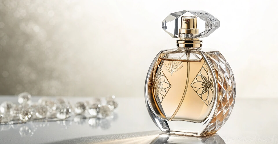 A professional, anonymous photo of the final, beautiful perfume bottle on a clean background, showcasing its unique shoulder profile.