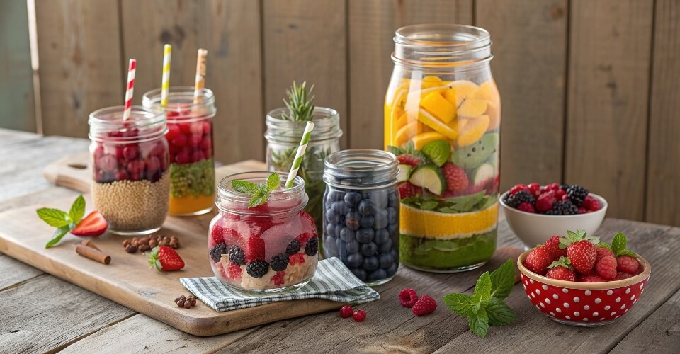 A beautiful assortment of Mason jars in various sizes, filled with colorful foods, spices, and drinks, and arranged on a rustic wooden table.