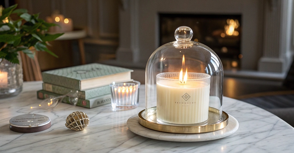 An elegant glass candle cloche covering a scented candle on a marble tabletop, with soft light creating a luxurious and serene atmosphere.
