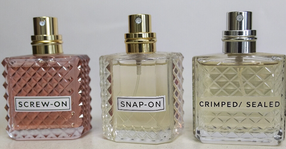 A collage of three perfume bottles side-by-side, clearly labeled as Screw-On, Snap-On, and Crimped/Sealed.