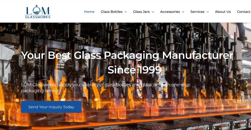 The LOM Glassworks company banner showcasing their expert and custom glass manufacturing capabilities for global clients.