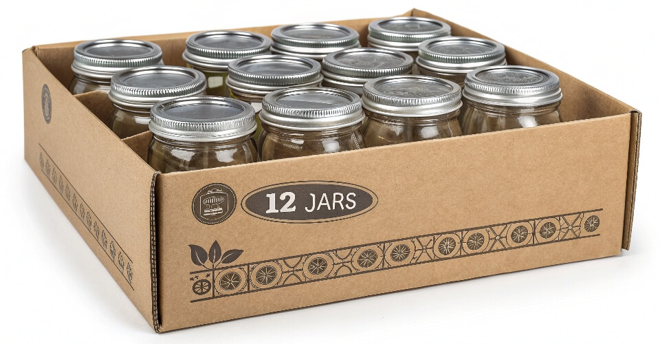 Wholesale packaging of empty Mason jars separated by cardboard dividers inside a large carton.
