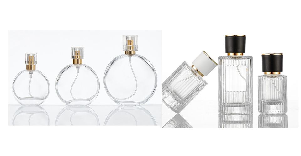 A colorful infographic chart showing perfume bottle sizes (30ml, 50ml, 100ml)