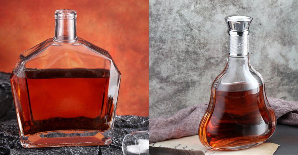 A uniquely shaped custom glass liquor bottle, demonstrating that the bottle shape can be customized.