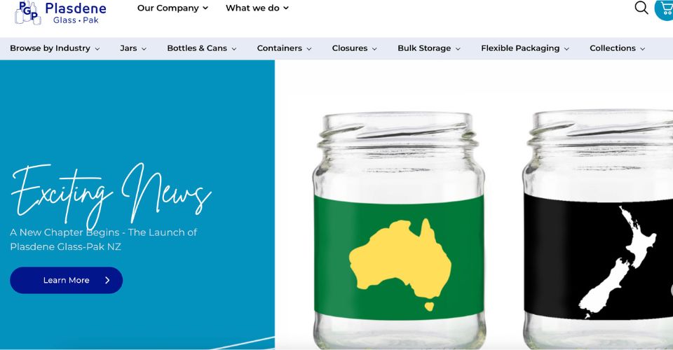 A screenshot of the Plasdene Glass-Pak website banner, showcasing their position as a major Australian packaging distributor.