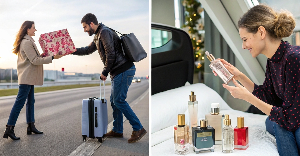 A composite image showing four different scenarios: a person traveling, a person receiving a gift, a collector with many bottles, and a person happily using their single favorite scent.