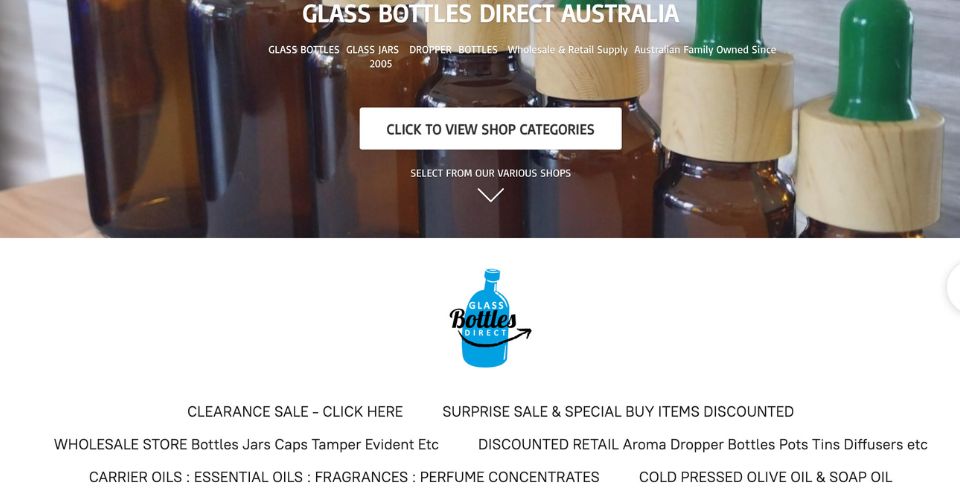A screenshot of the Glass Bottles Direct Australia website banner, highlighting their wide online catalog of glass containers.