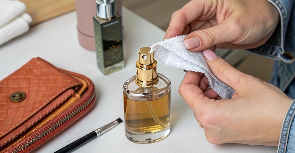 A person using a small, cloth-wrapped pry tool to gently lift the sprayer collar off a snap-on perfume bottle at the seam.