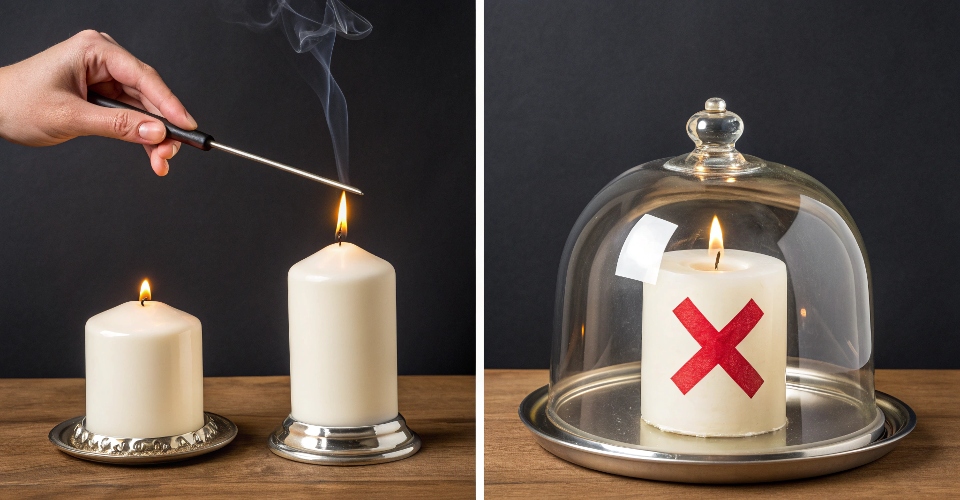 A split image showing the correct use (a candle snuffer putting out a flame) and the incorrect use (a cloche over a burning candle with a large red X over it).