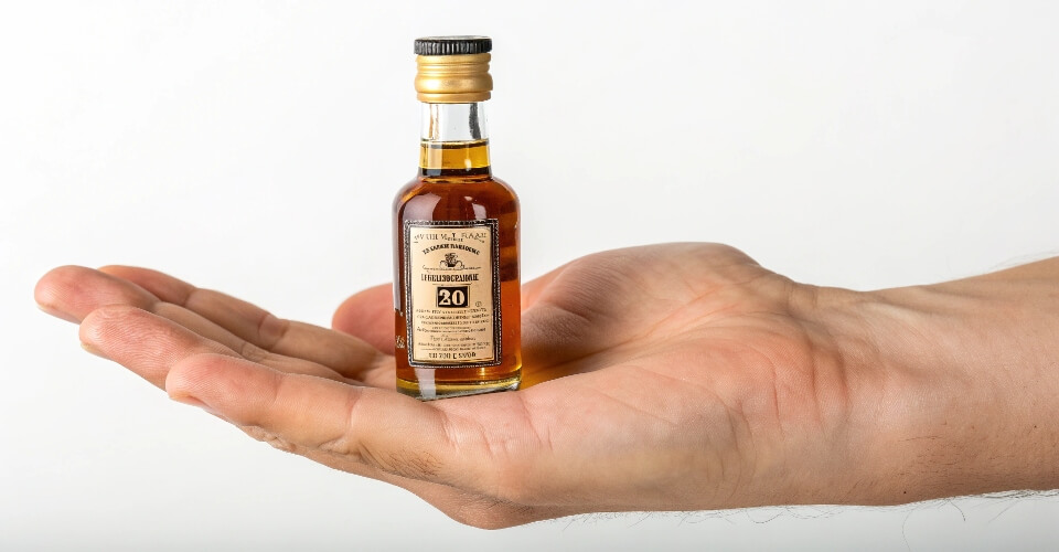 A hand holding a 50ml miniature bottle of whiskey to show its small scale.
