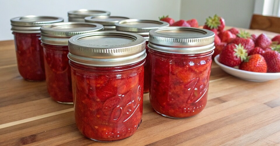 Several 8 oz Mason jars filled with vibrant strawberry jam, sealed and ready for storage.