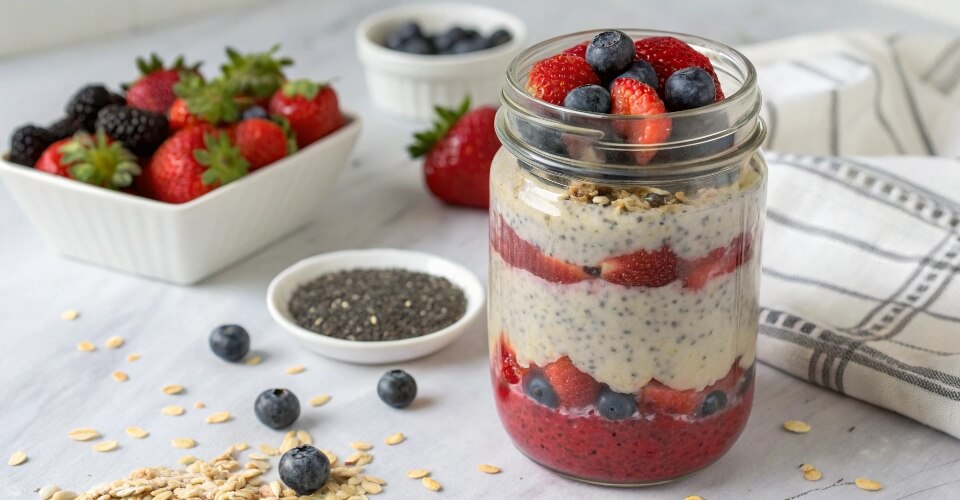 A 16 oz pint-sized wide mouth Mason jar layered with overnight oats, berries, and chia seeds.