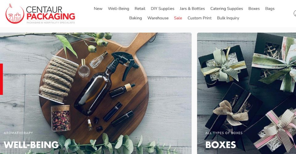 A screenshot of the Centaur Packaging website banner, showing their focus on food service and retail packaging supplies.