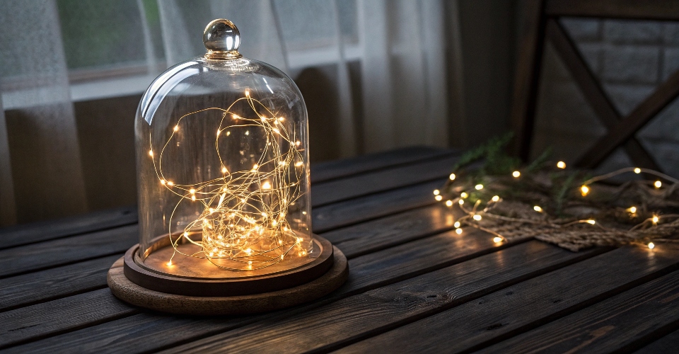 A beautiful glass cloche on a dark wooden table, filled with warm, glowing fairy lights, creating a cozy and magical decorative piece.