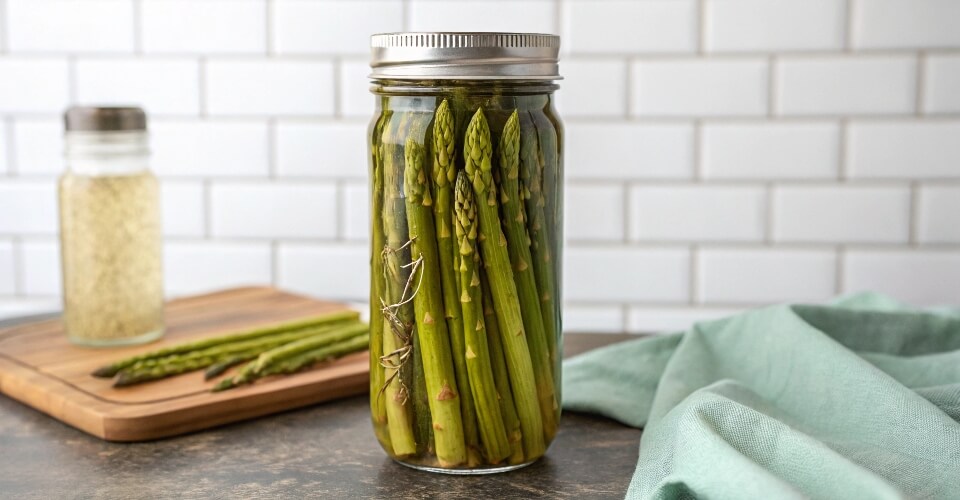 A tall 24 oz Mason jar filled with pickled asparagus spears, showing how the height is perfect for long vegetables.