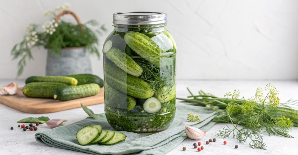 A large 32 oz wide-mouth Mason jar packed with whole cucumbers and dill for pickling.