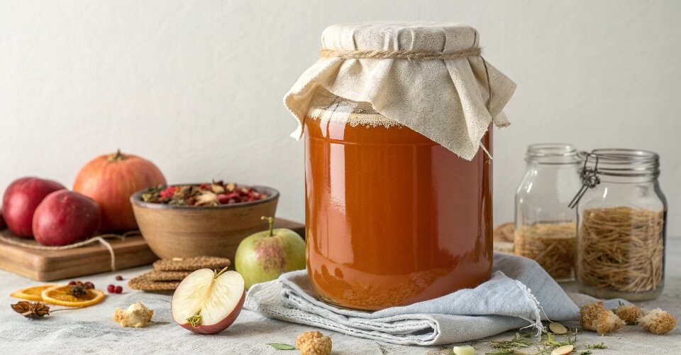 A massive 64 oz half-gallon Mason jar with a cloth cover, used for brewing a large batch of kombucha.