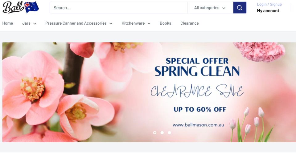 A screenshot of the Ball mason Australia website banner, emphasizing their role as an official supplier of genuine Ball Mason jars.